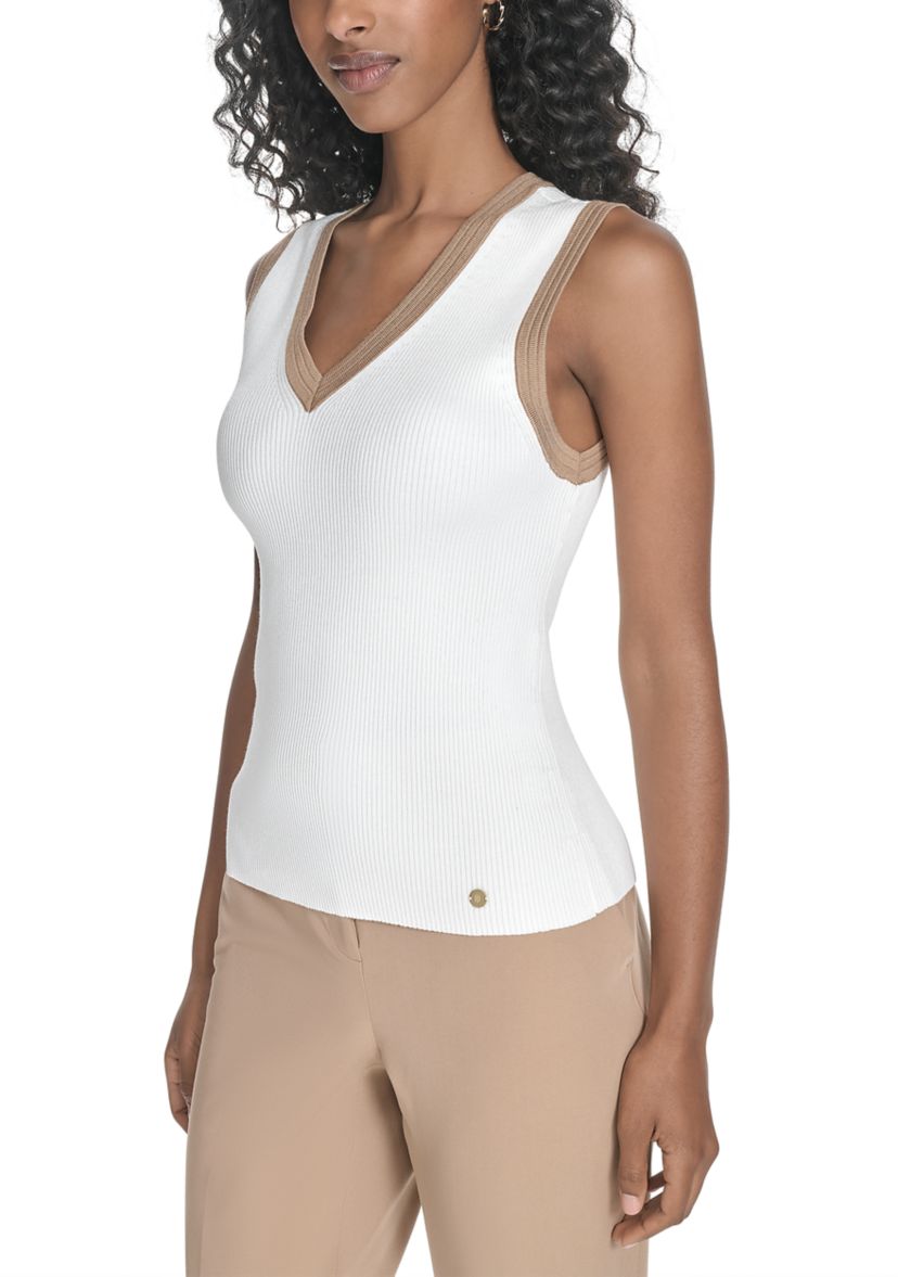 Womens Sleeveless V-Neck Tipped Sweater