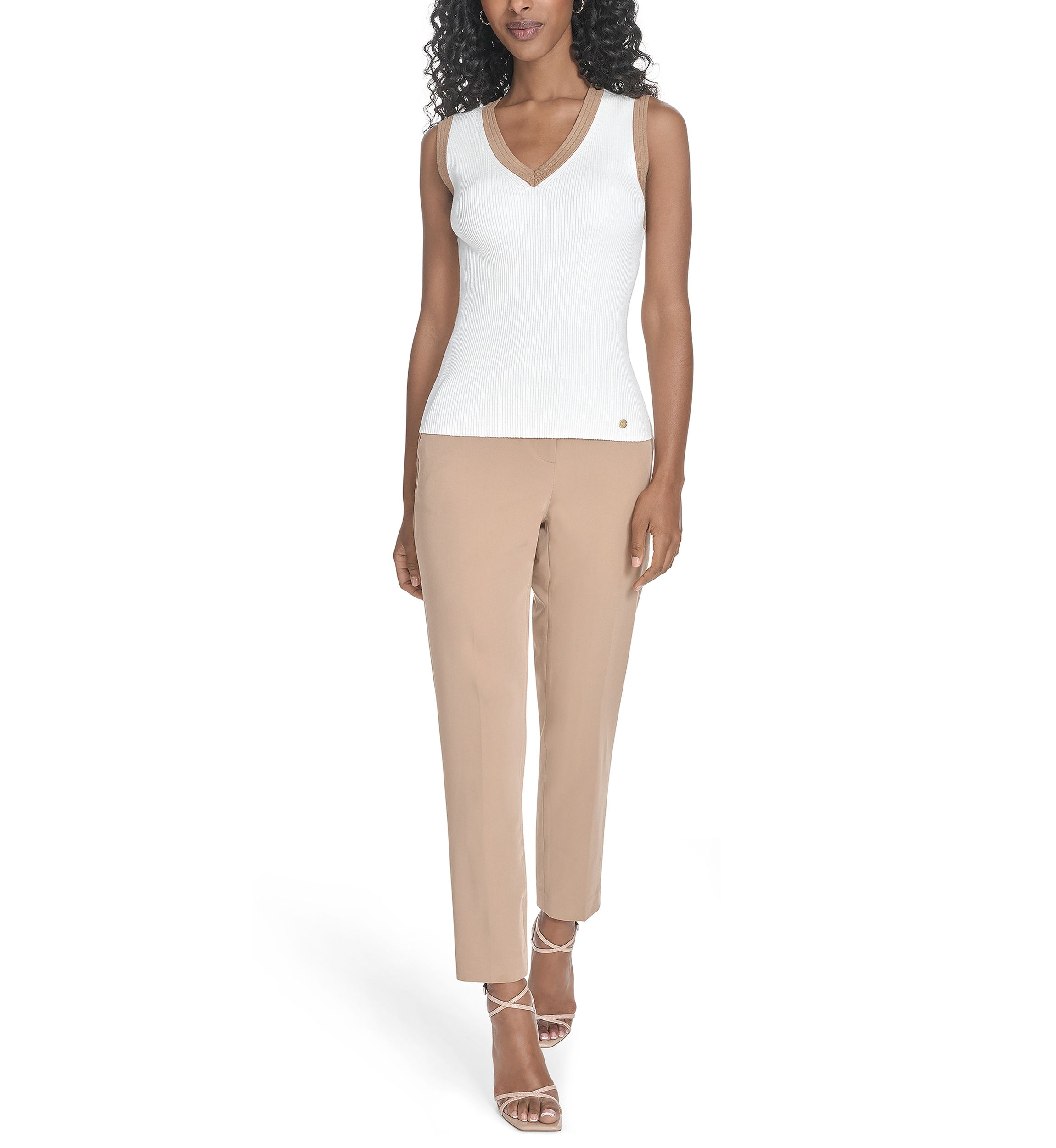 Womens Sleeveless V-Neck Tipped Sweater