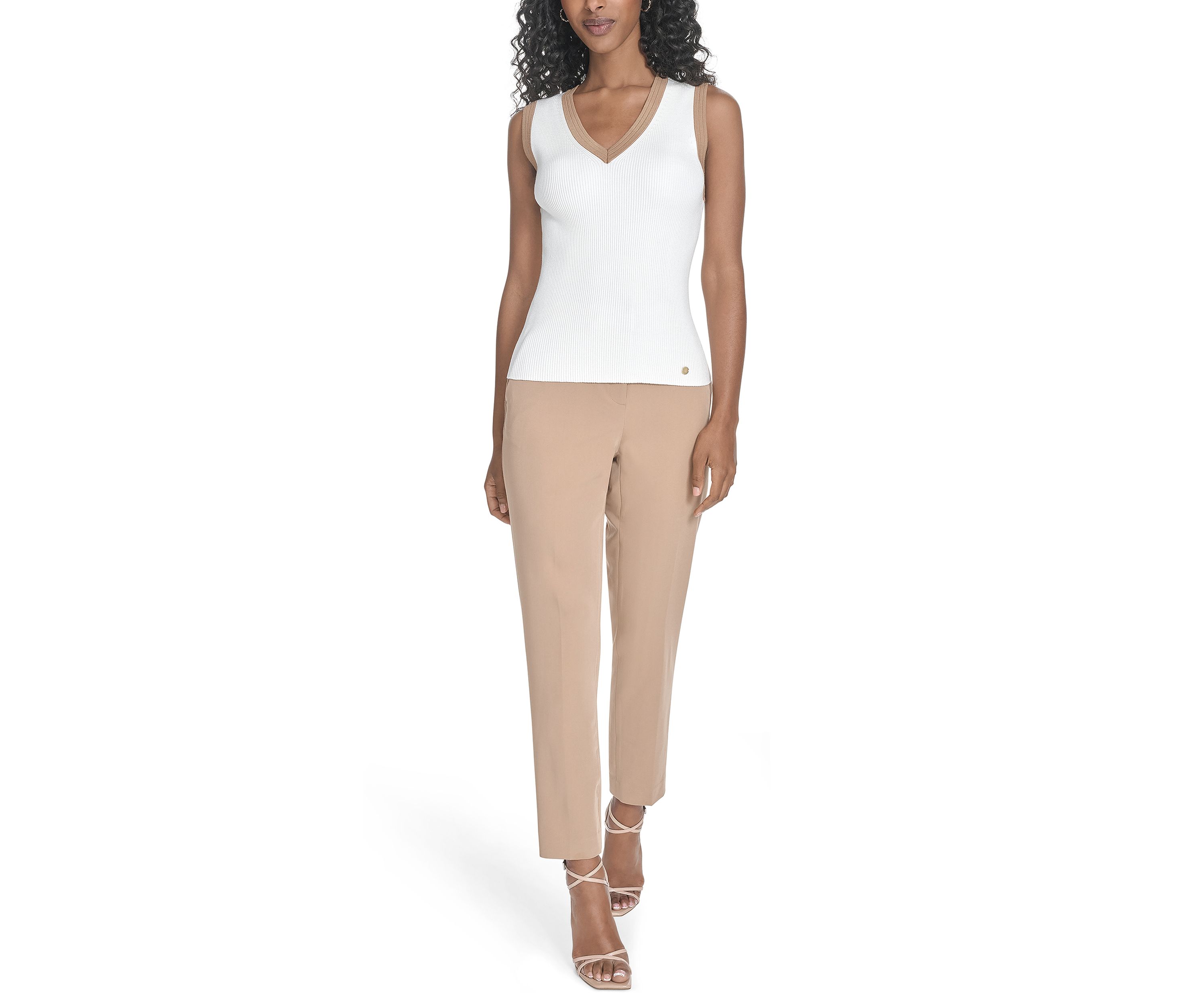 Womens Sleeveless V-Neck Tipped Sweater