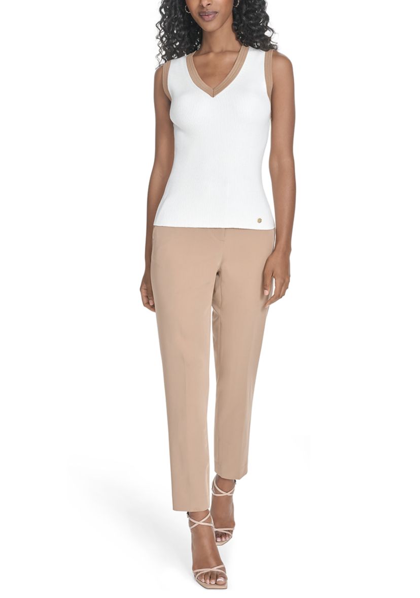 Womens Sleeveless V-Neck Tipped Sweater