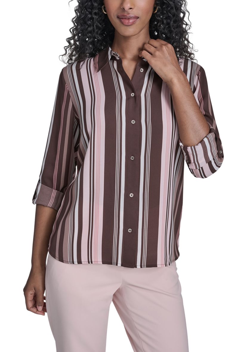 Tommy Hilfiger Women's Striped Slim Fit Roll Tab Blouse | Belk