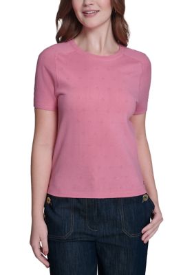Tommy Hilfiger Women's Short Sleeve Pointelle Sweater, Pink, Small