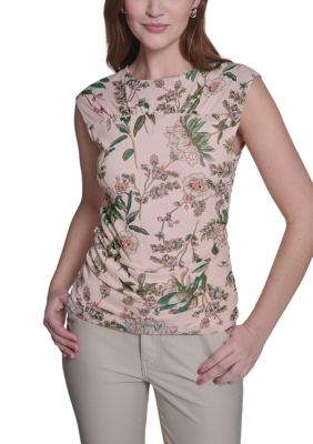 Tommy Hilfiger Women's Sleeveless Ruched Side Seam Floral Top, Pink, Small