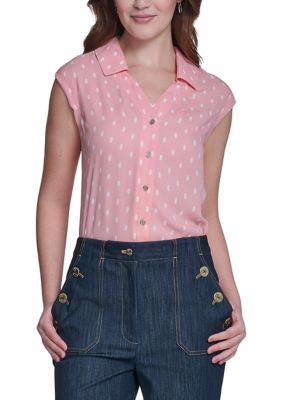 Tommy Hilfiger Women's Sleeveless Dot Button Up Blouse, Pink, Small