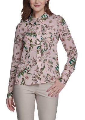 Tommy Hilfiger Women's Slim Fit Floral Button Front Blouse, Pink, Small