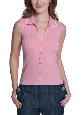 Tommy Hilfiger Women's Sleeveless Collared Sweater, Pink, Large
