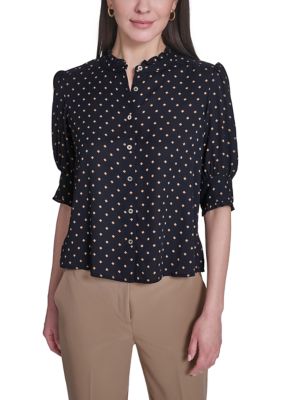 Tommy Hilfiger Women's Diamond Dot Ruffle Neck Button Up Top