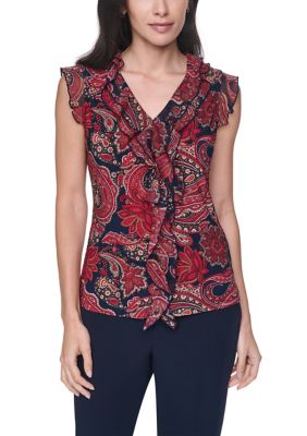 Tommy Hilfiger Women's Sleeveless Paisley Mixed Media Ruffle Top
