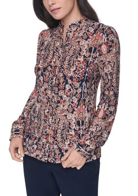 Tommy Hilfiger Women's Long Sleeve Ruffle Front Floral Print Blouse, Small