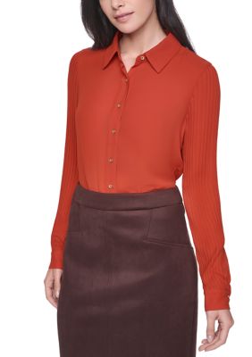 Tommy Hilfiger Women's Long Sleeve Pleated Button Front Top, Small