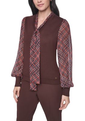 Tommy Hilfiger Women's V-Neck Tie Neck Twofer Sweater Top