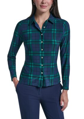 Tommy Hilfiger Women's Long Sleeve Button Front Blackwatch Top, Small