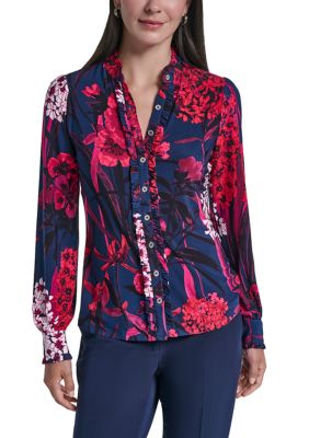 Tommy Hilfiger Women's Long Sleeve Ruffle Front Blouse