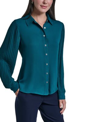 Tommy Hilfiger Women's Long Sleeve Pleated Button Front Top, Small