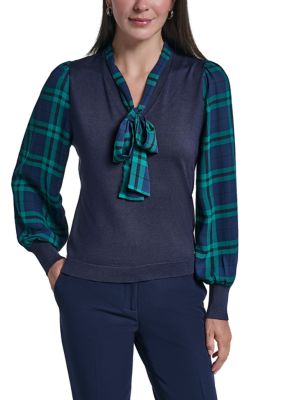 Tommy Hilfiger Women's Long Sleeve Tie V-Neck Twofer Sweater