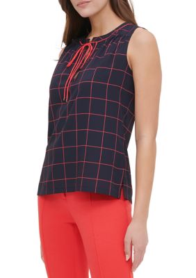 Tommy Hilfiger Women S Sleeveless Tie Neck Windowpane Print Blouse