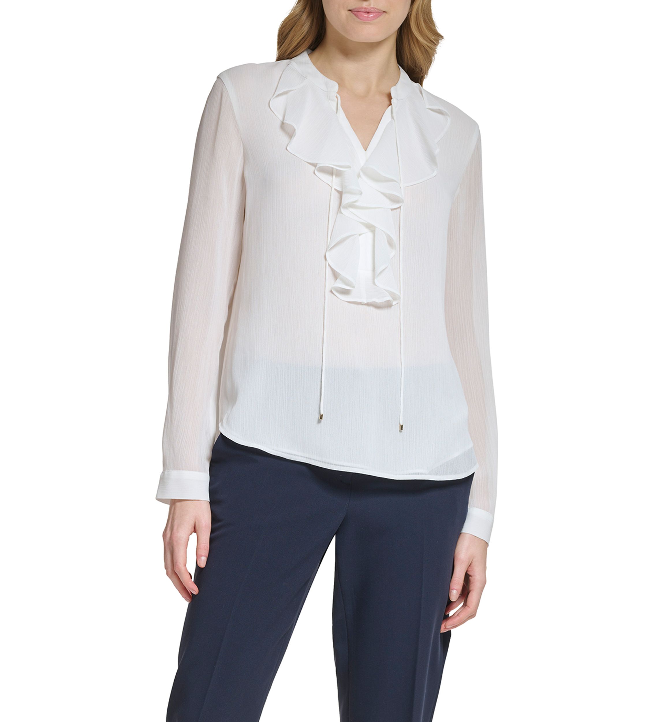 Womens Long Sleeve Ruffle Solid Top