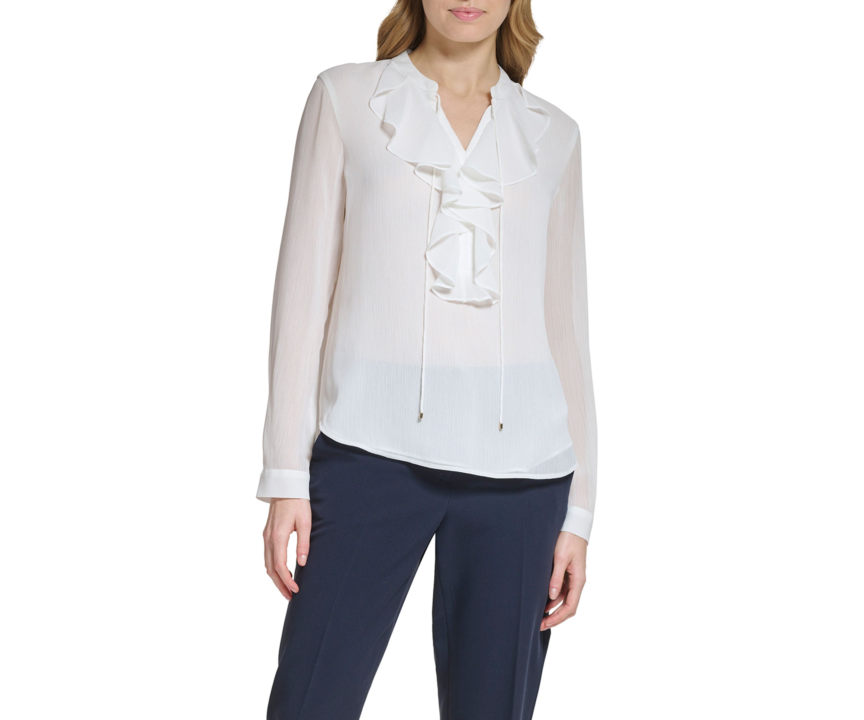 Womens Long Sleeve Ruffle Solid Top