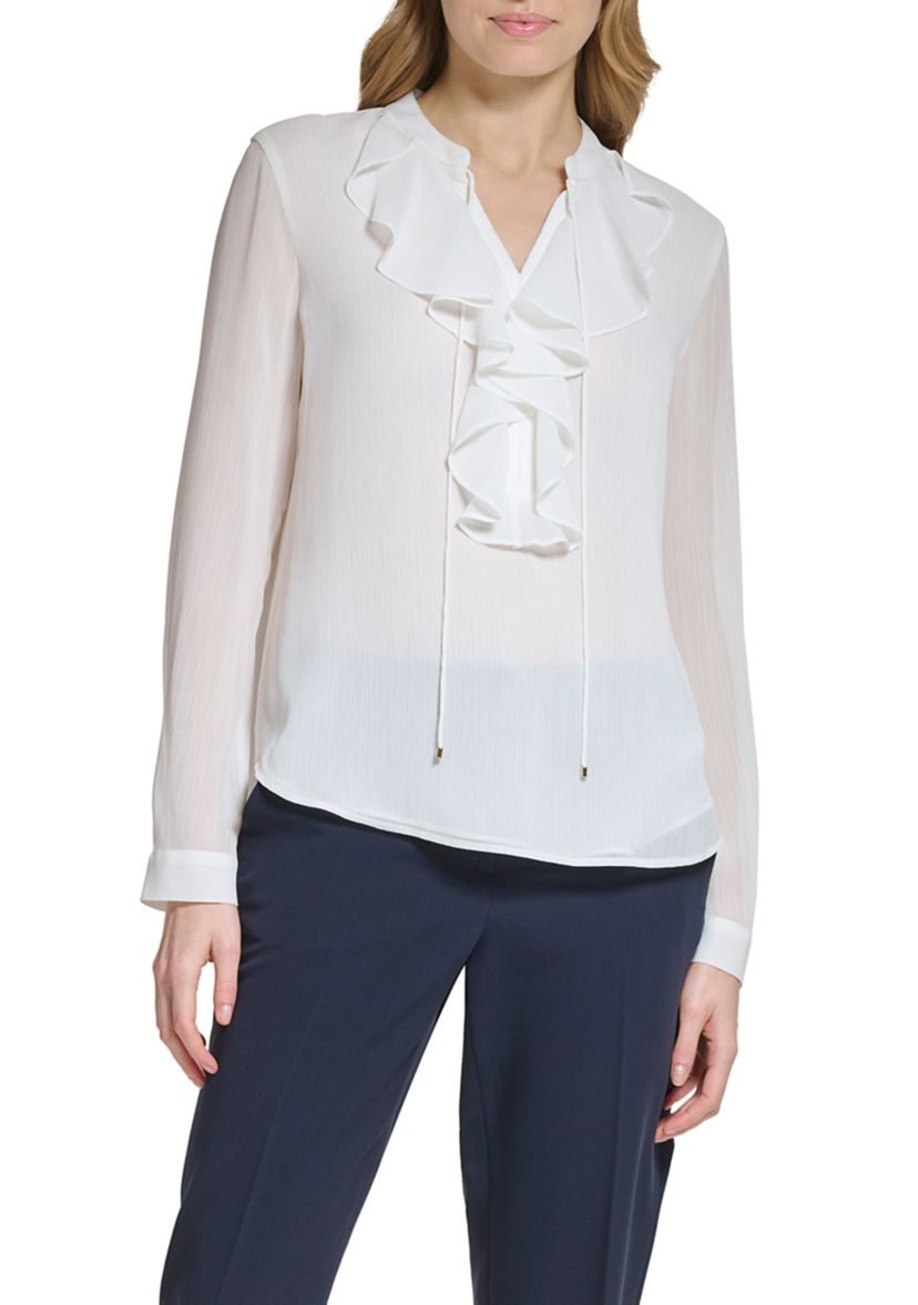 Womens Long Sleeve Ruffle Solid Top