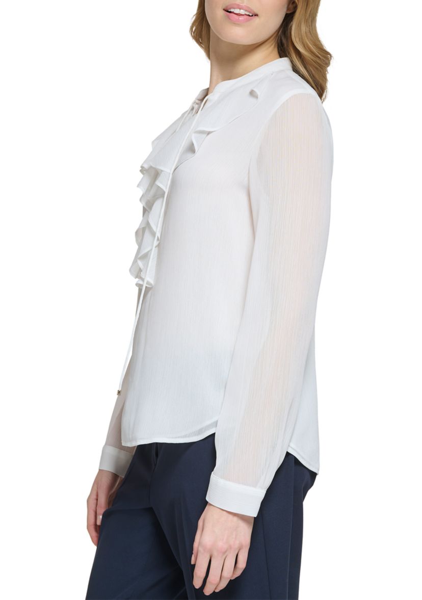 Womens Long Sleeve Ruffle Solid Top
