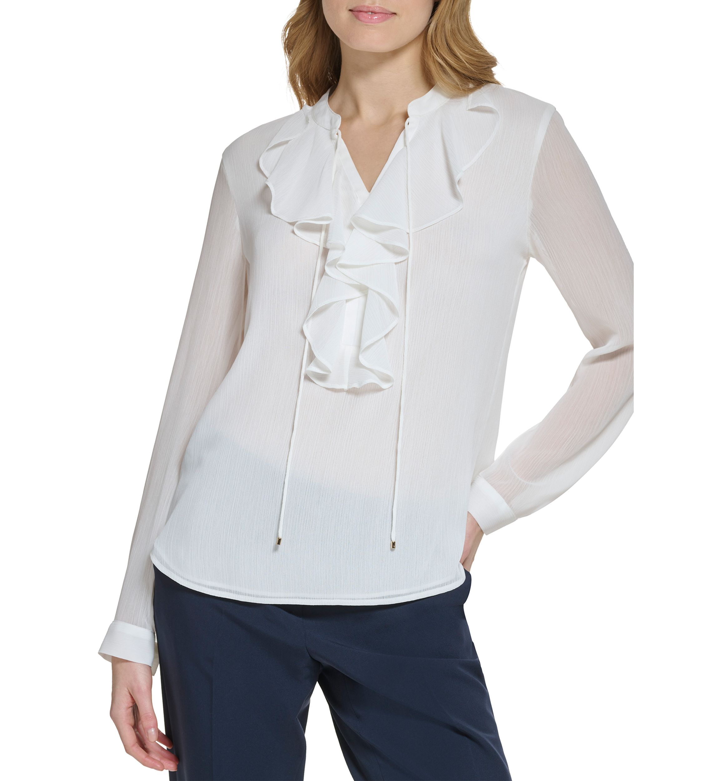 Womens Long Sleeve Ruffle Solid Top