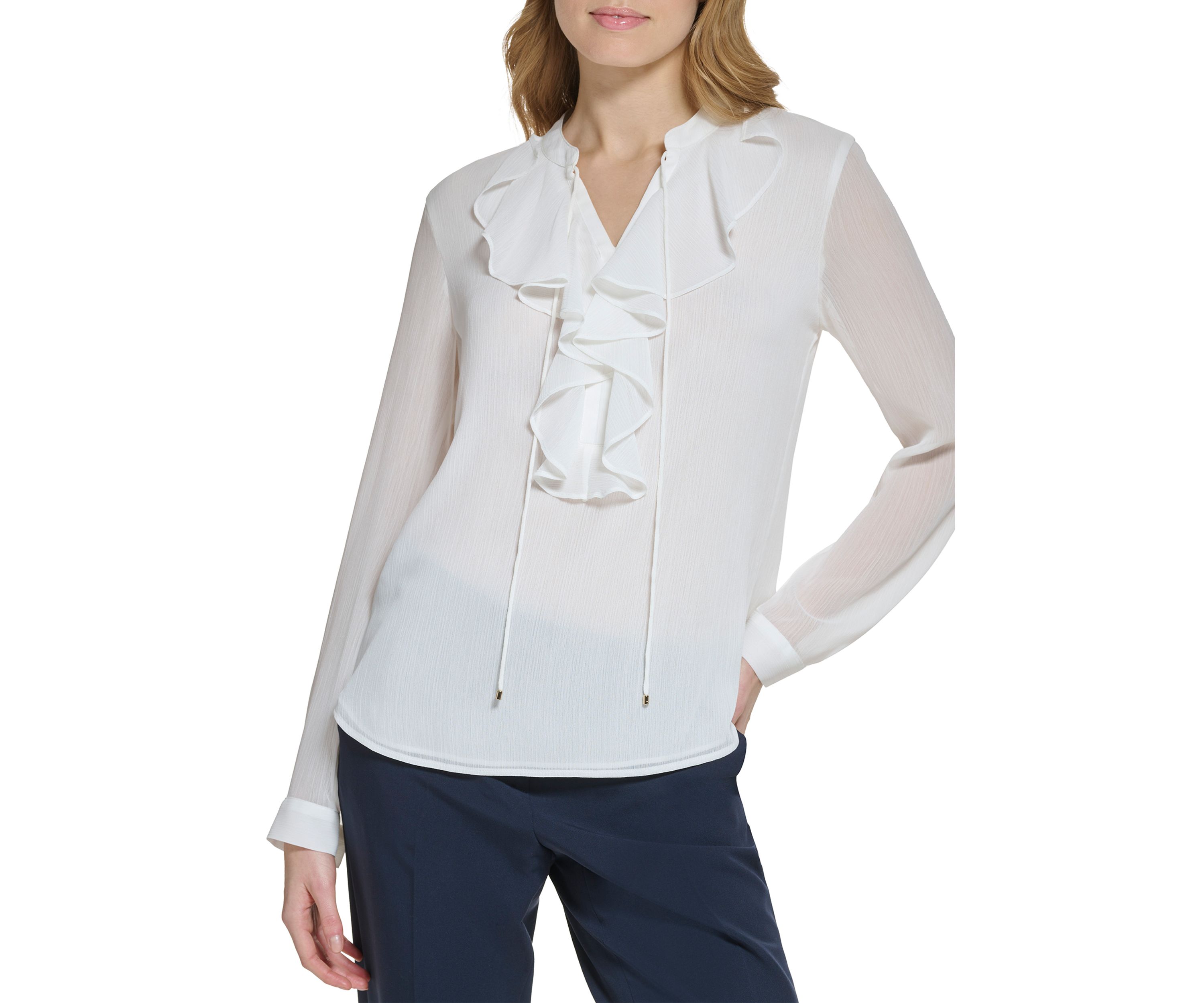 Womens Long Sleeve Ruffle Solid Top