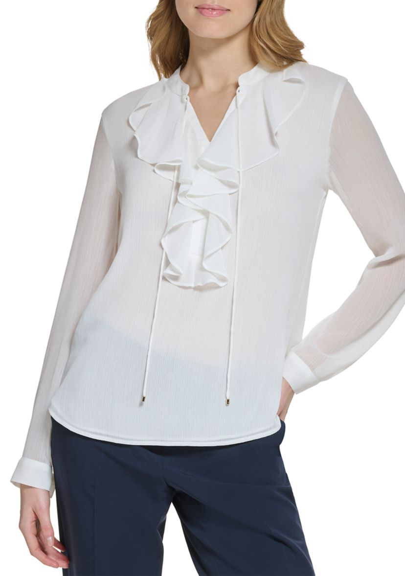 Womens Long Sleeve Ruffle Solid Top