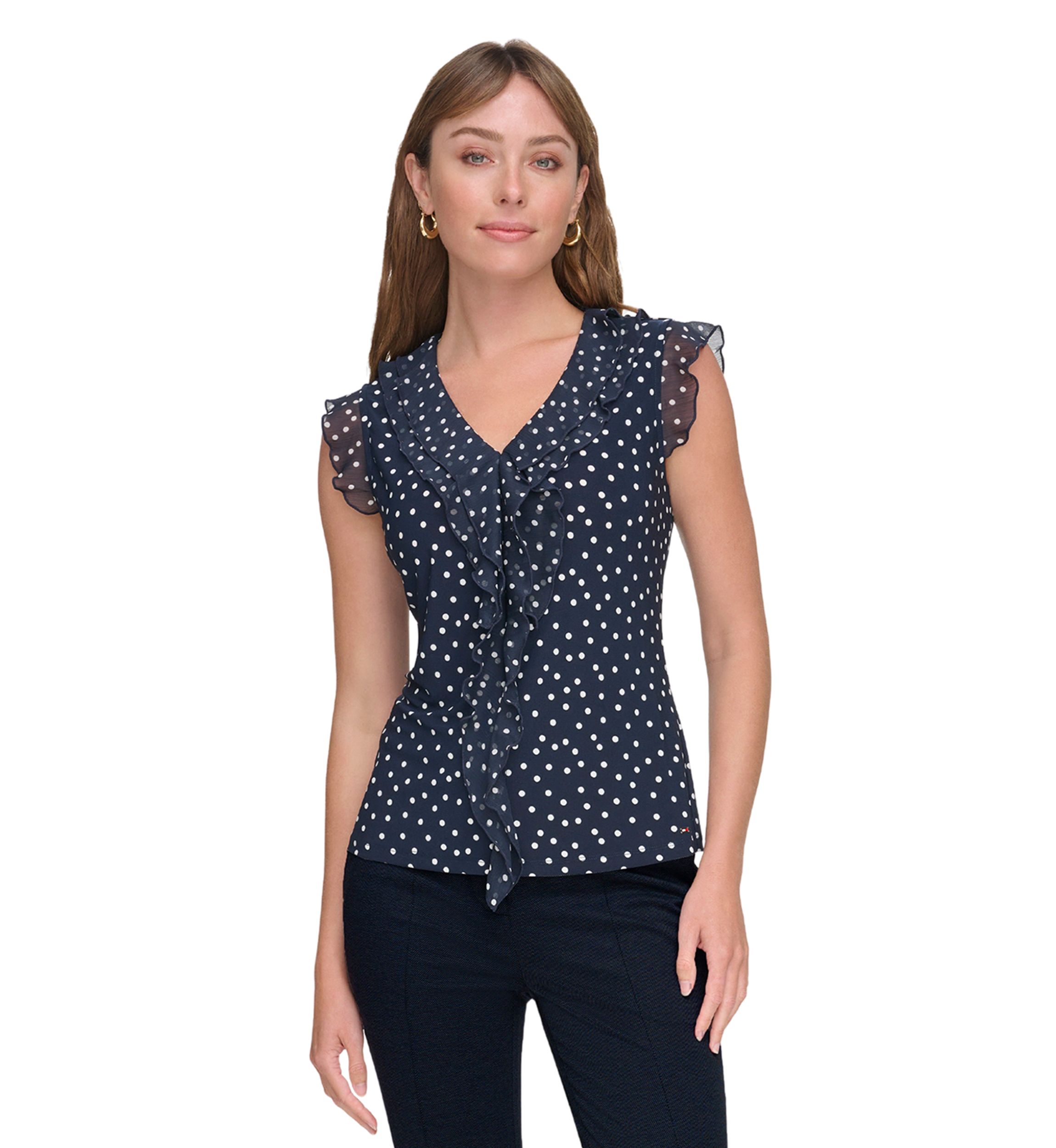 Womens Sleeveless Mixed Media Dot Ruffle Top