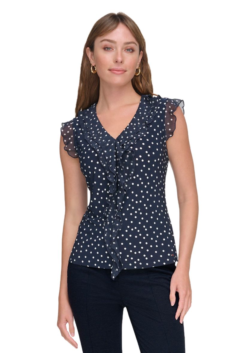 Womens Sleeveless Mixed Media Dot Ruffle Top