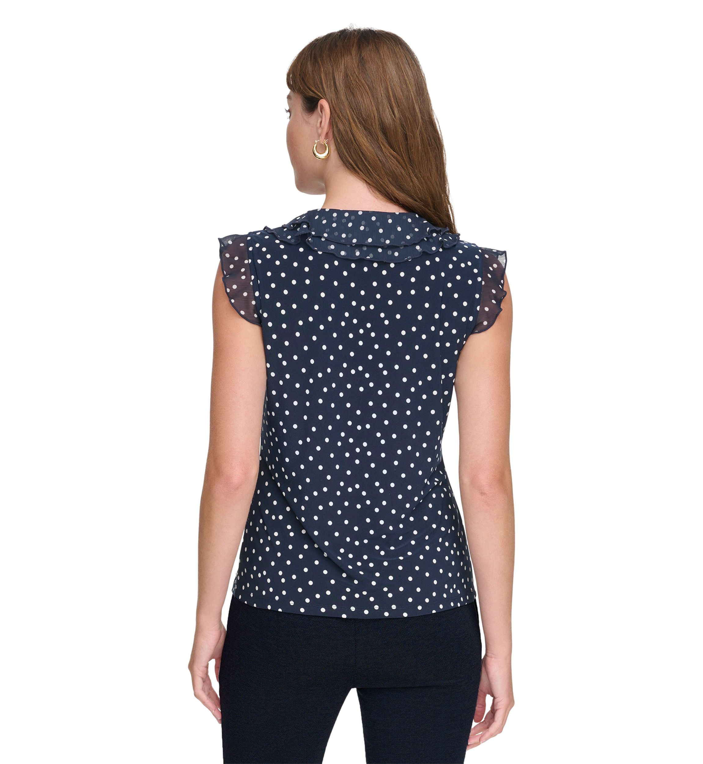 Womens Sleeveless Mixed Media Dot Ruffle Top