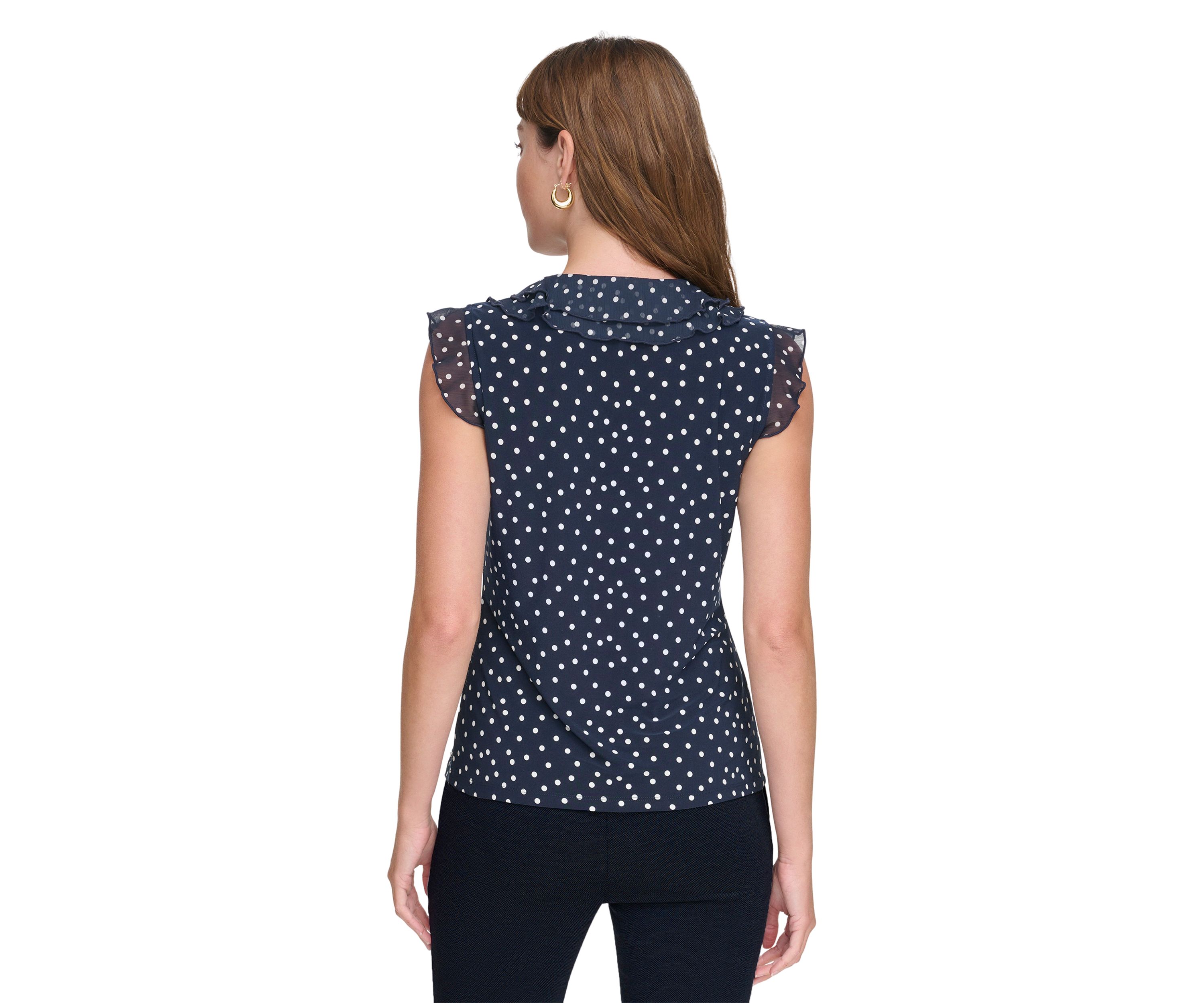 Womens Sleeveless Mixed Media Dot Ruffle Top