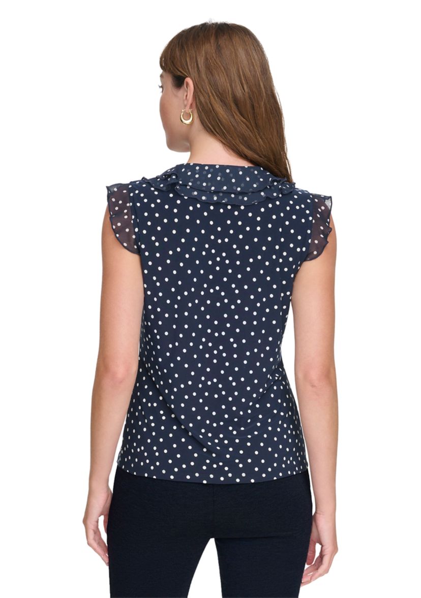 Womens Sleeveless Mixed Media Dot Ruffle Top