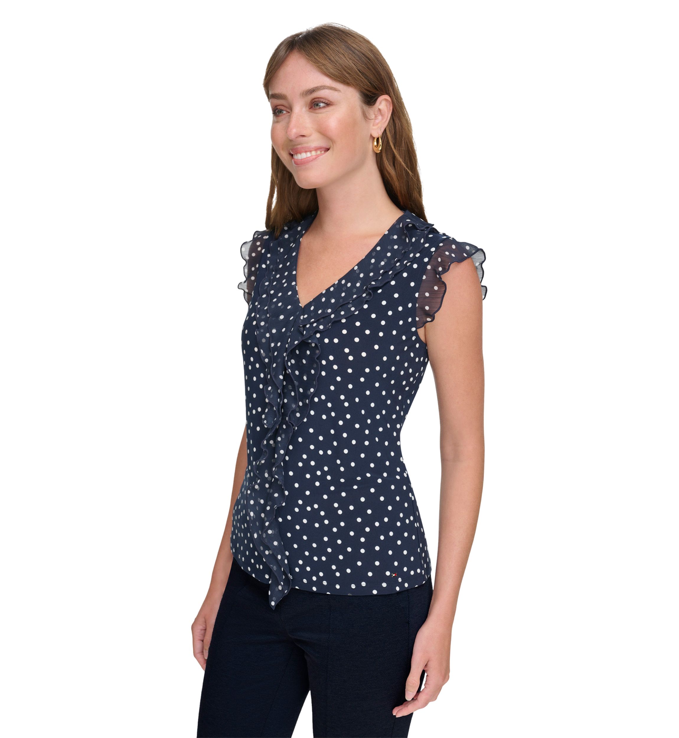 Womens Sleeveless Mixed Media Dot Ruffle Top