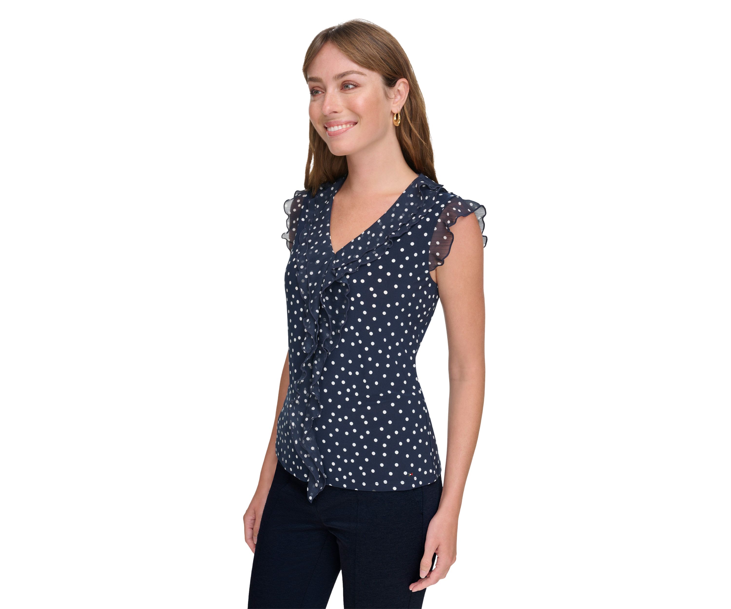 Womens Sleeveless Mixed Media Dot Ruffle Top