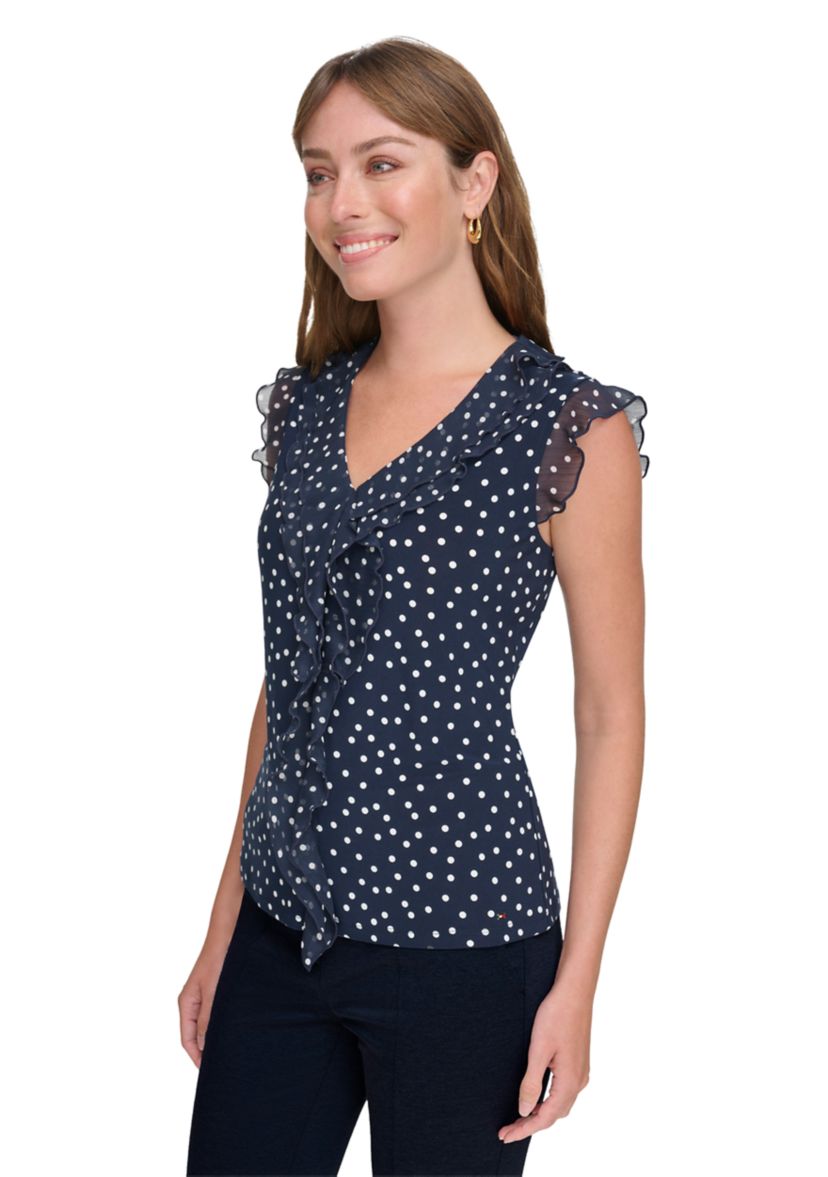 Womens Sleeveless Mixed Media Dot Ruffle Top
