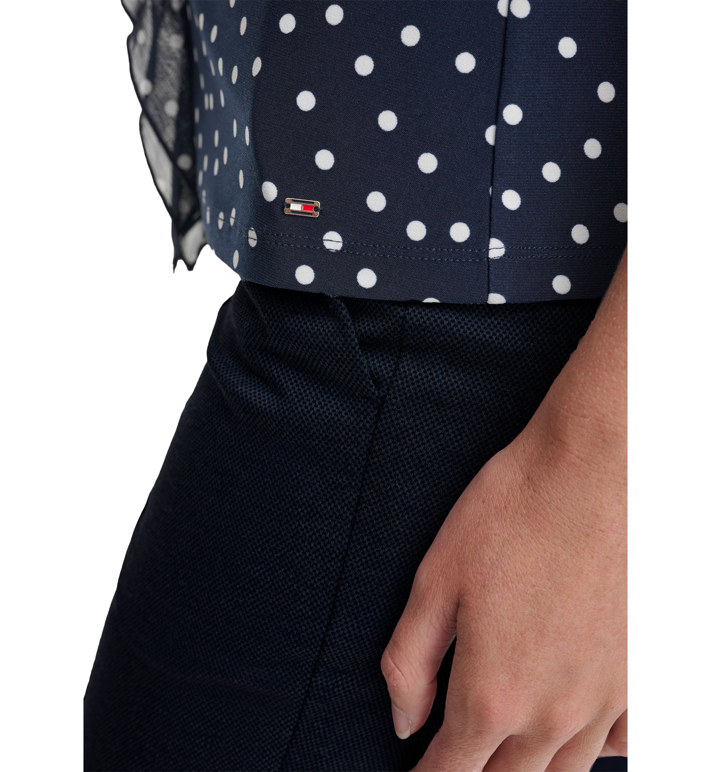 Womens Sleeveless Mixed Media Dot Ruffle Top