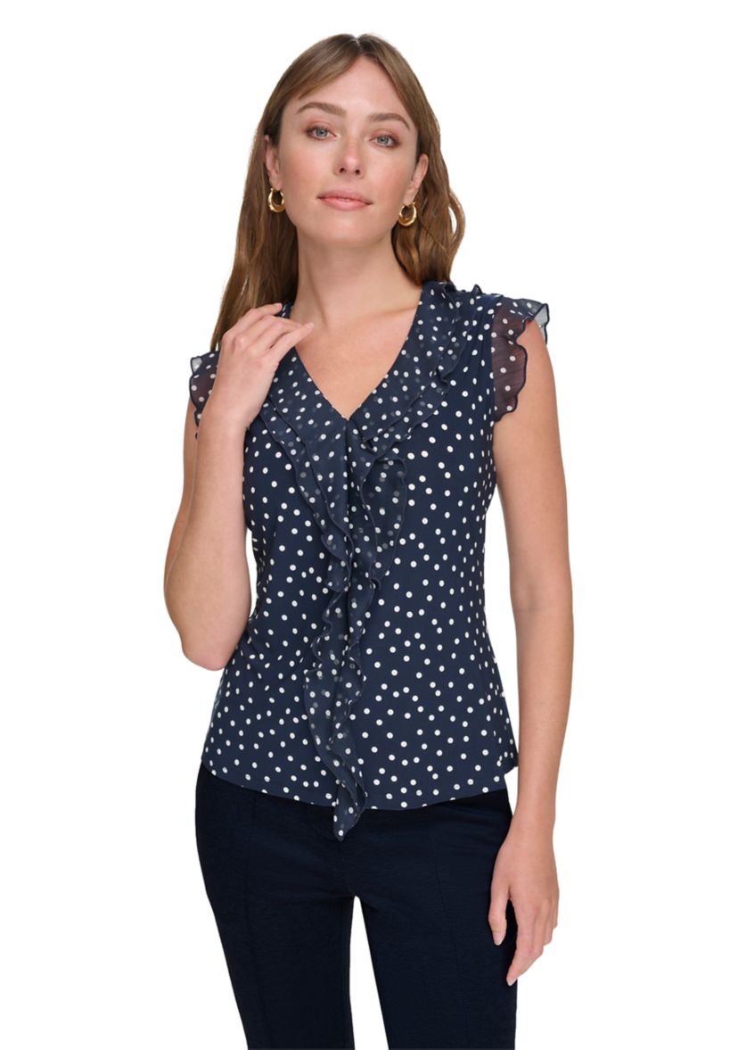 Womens Sleeveless Mixed Media Dot Ruffle Top