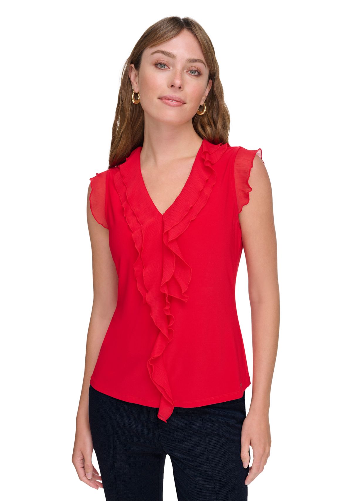 Womens Flutter Sleeve Mixed Media Ruffle Top