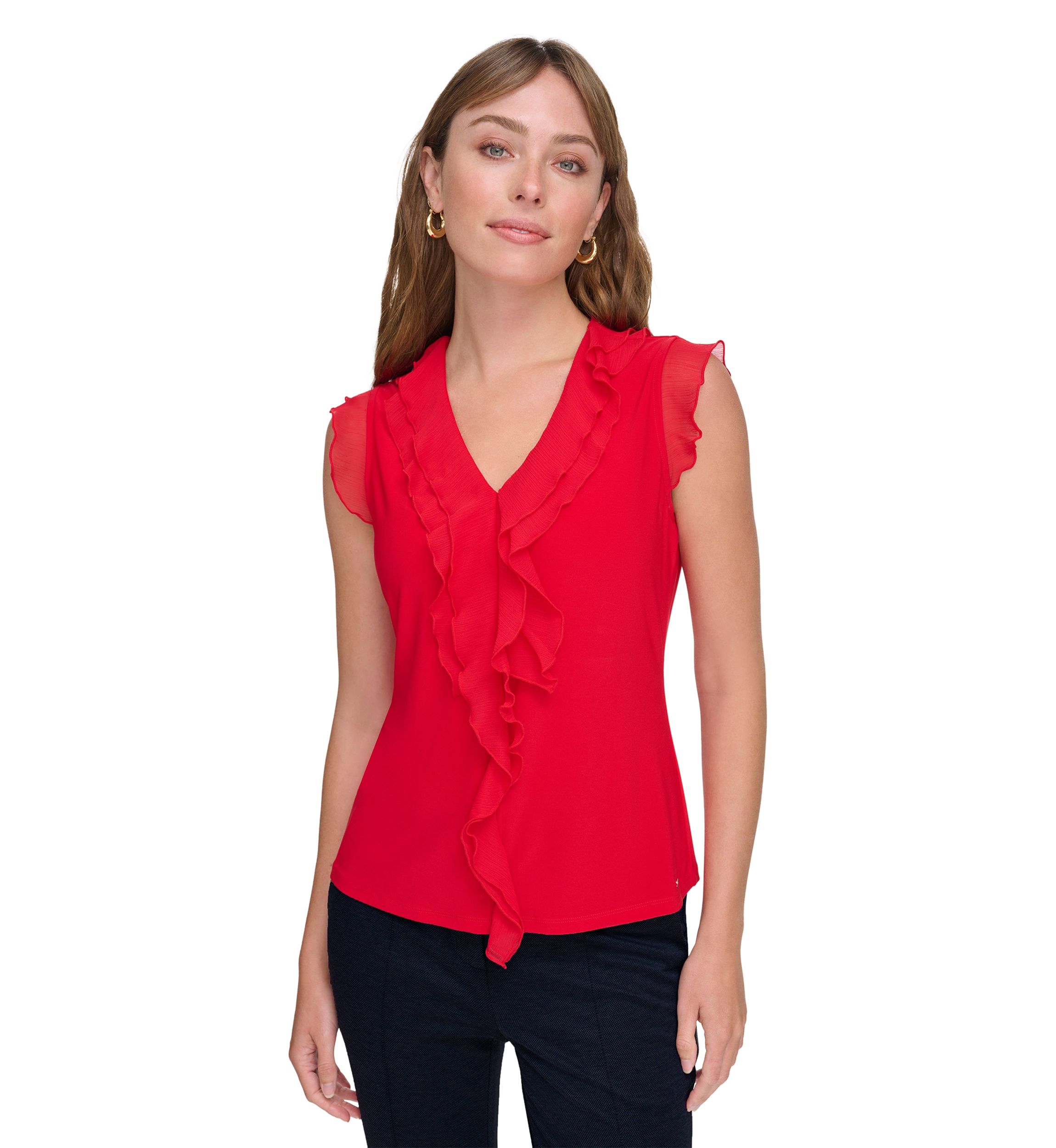 Womens Flutter Sleeve Mixed Media Ruffle Top