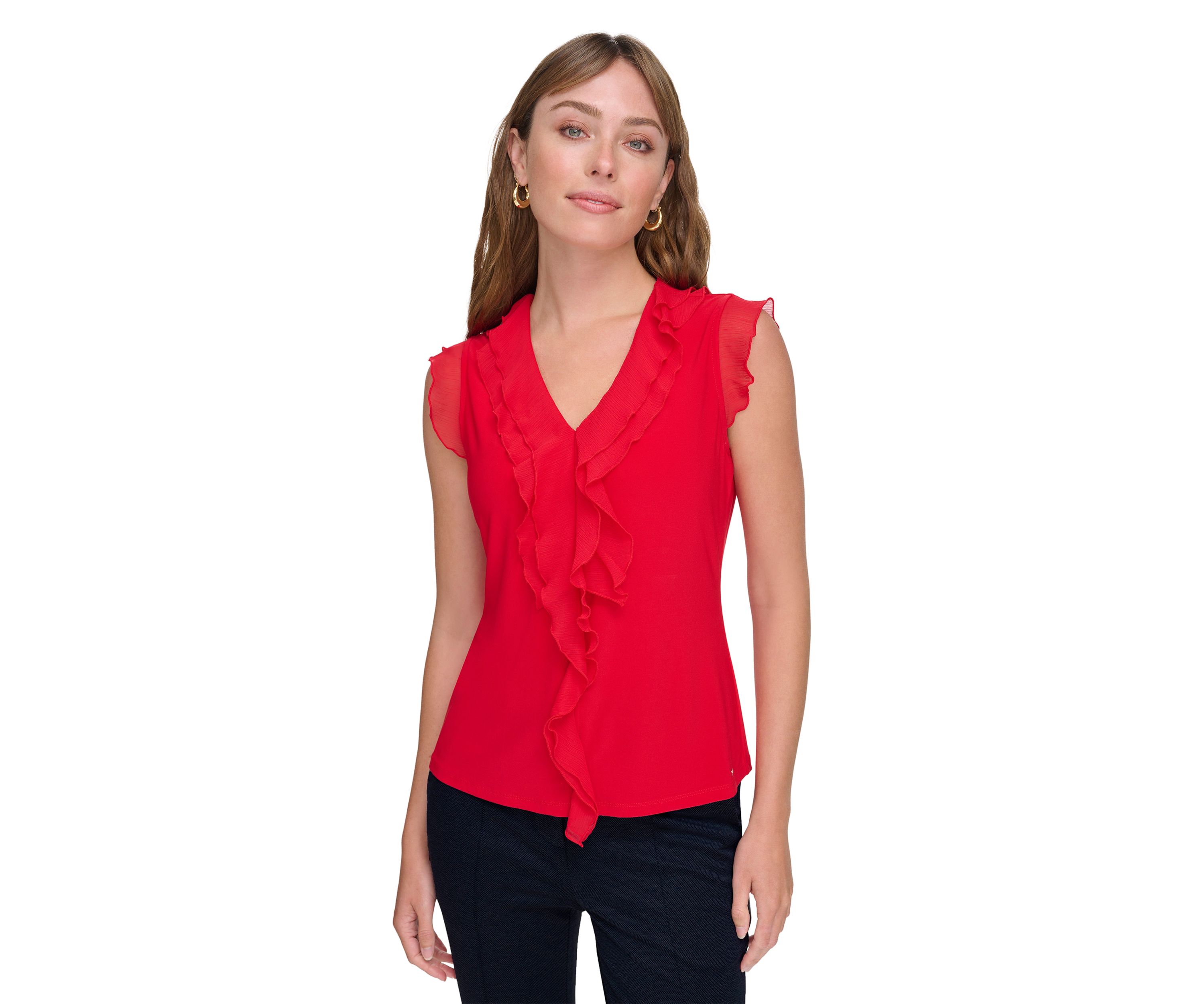 Womens Flutter Sleeve Mixed Media Ruffle Top