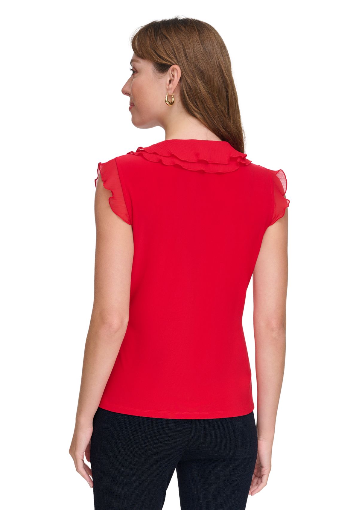 Womens Flutter Sleeve Mixed Media Ruffle Top