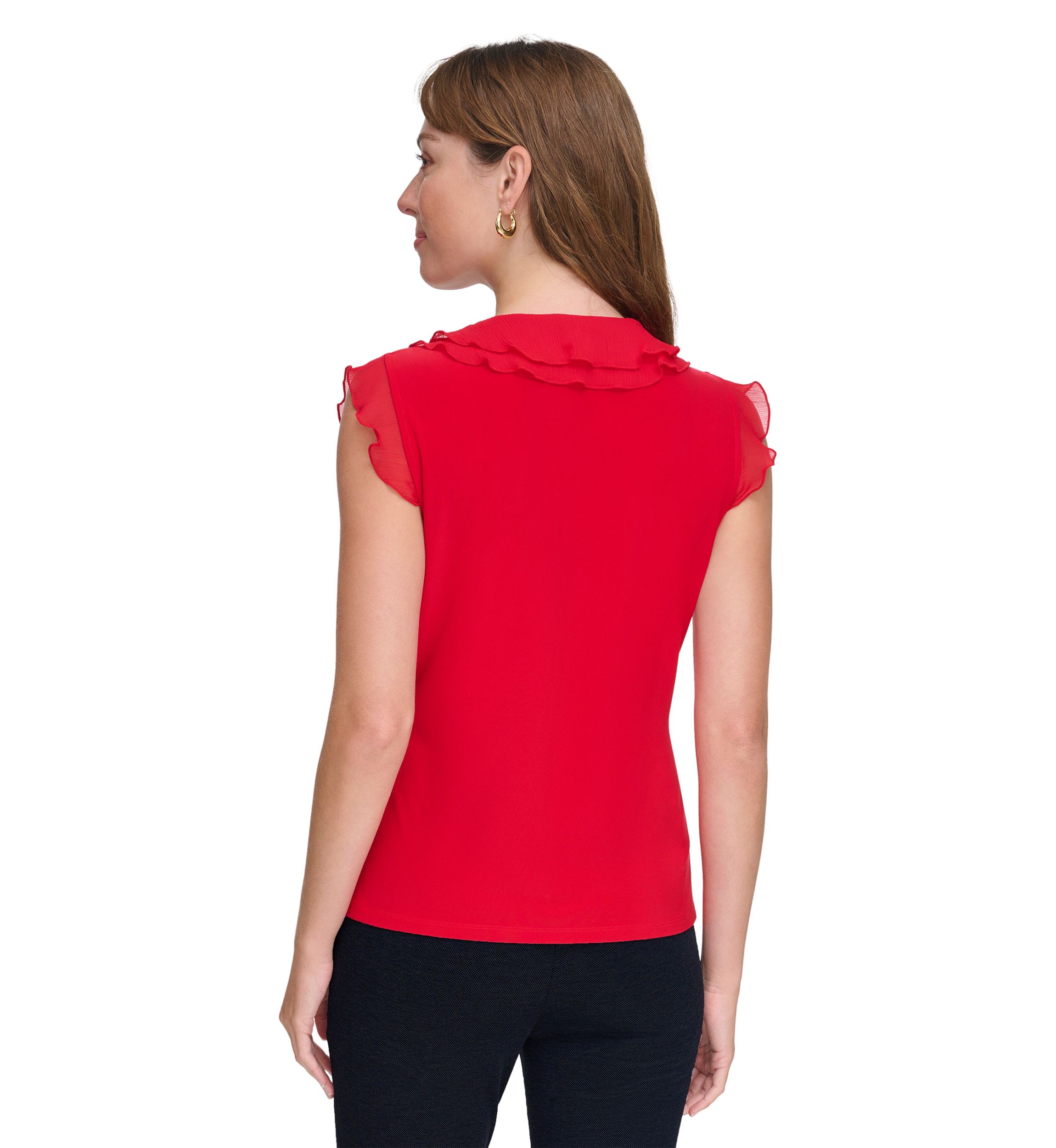 Womens Flutter Sleeve Mixed Media Ruffle Top
