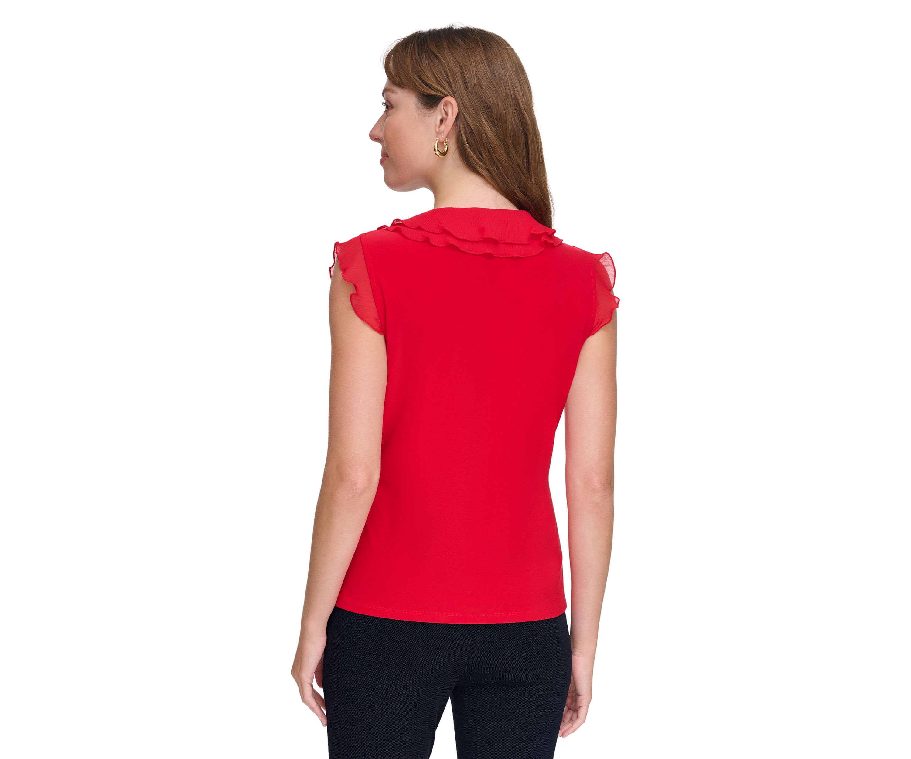 Womens Flutter Sleeve Mixed Media Ruffle Top