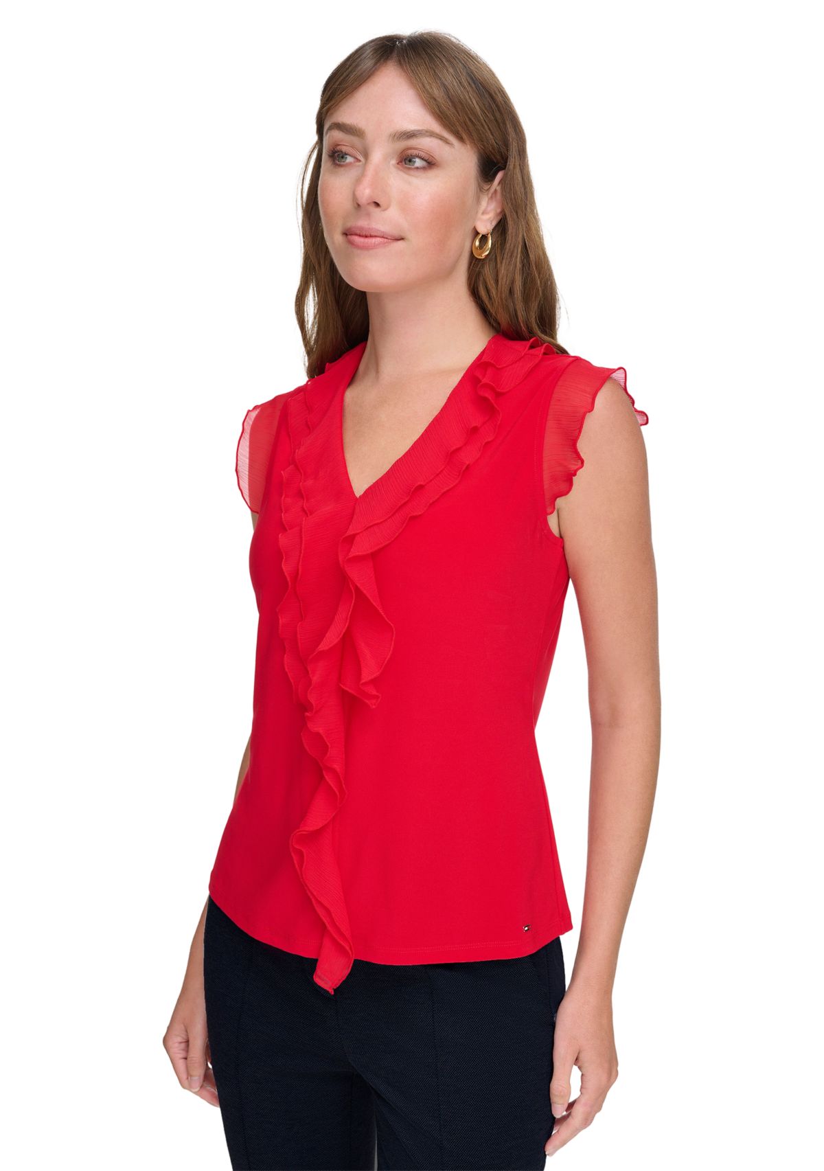 Womens Flutter Sleeve Mixed Media Ruffle Top