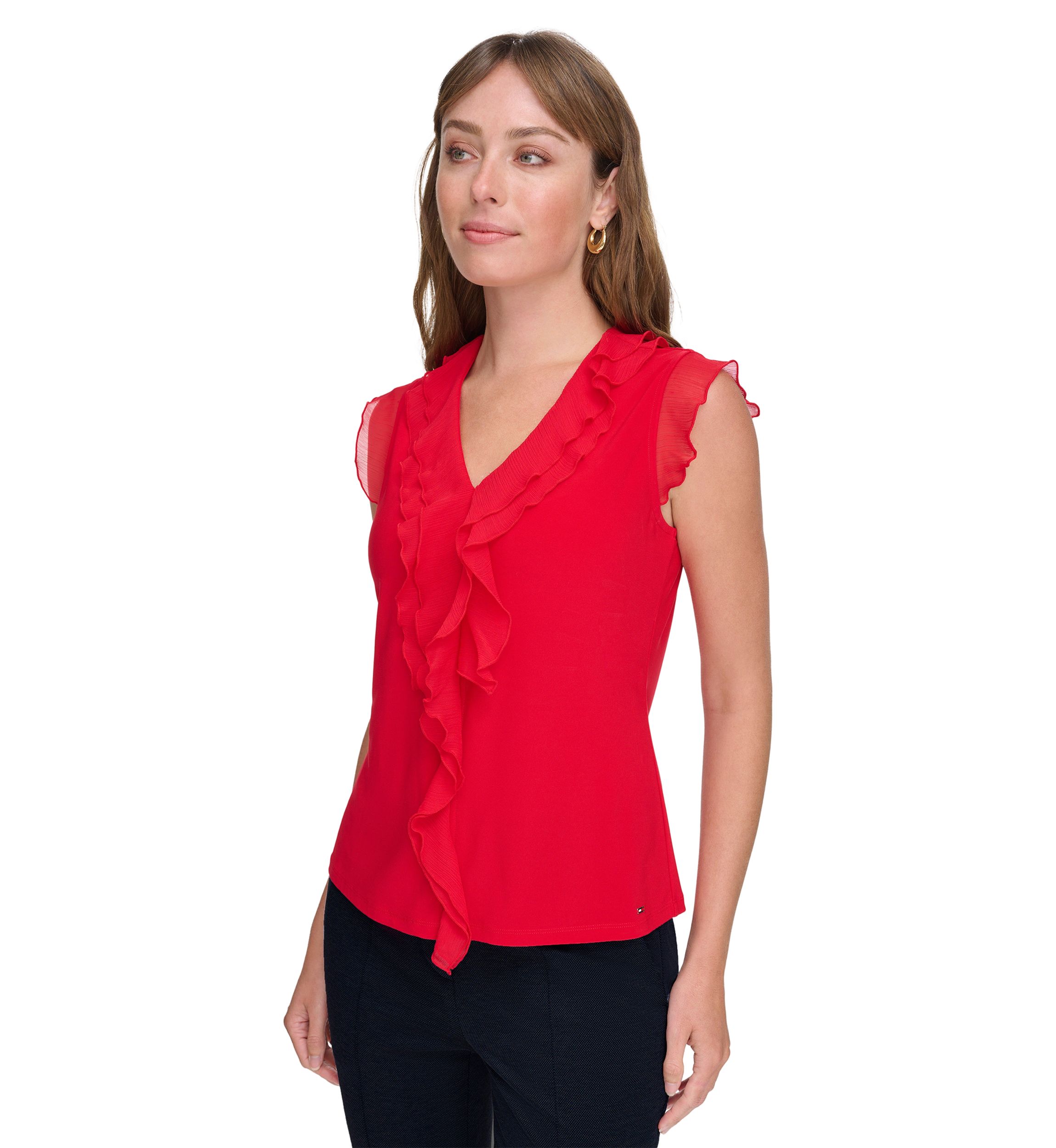 Womens Flutter Sleeve Mixed Media Ruffle Top