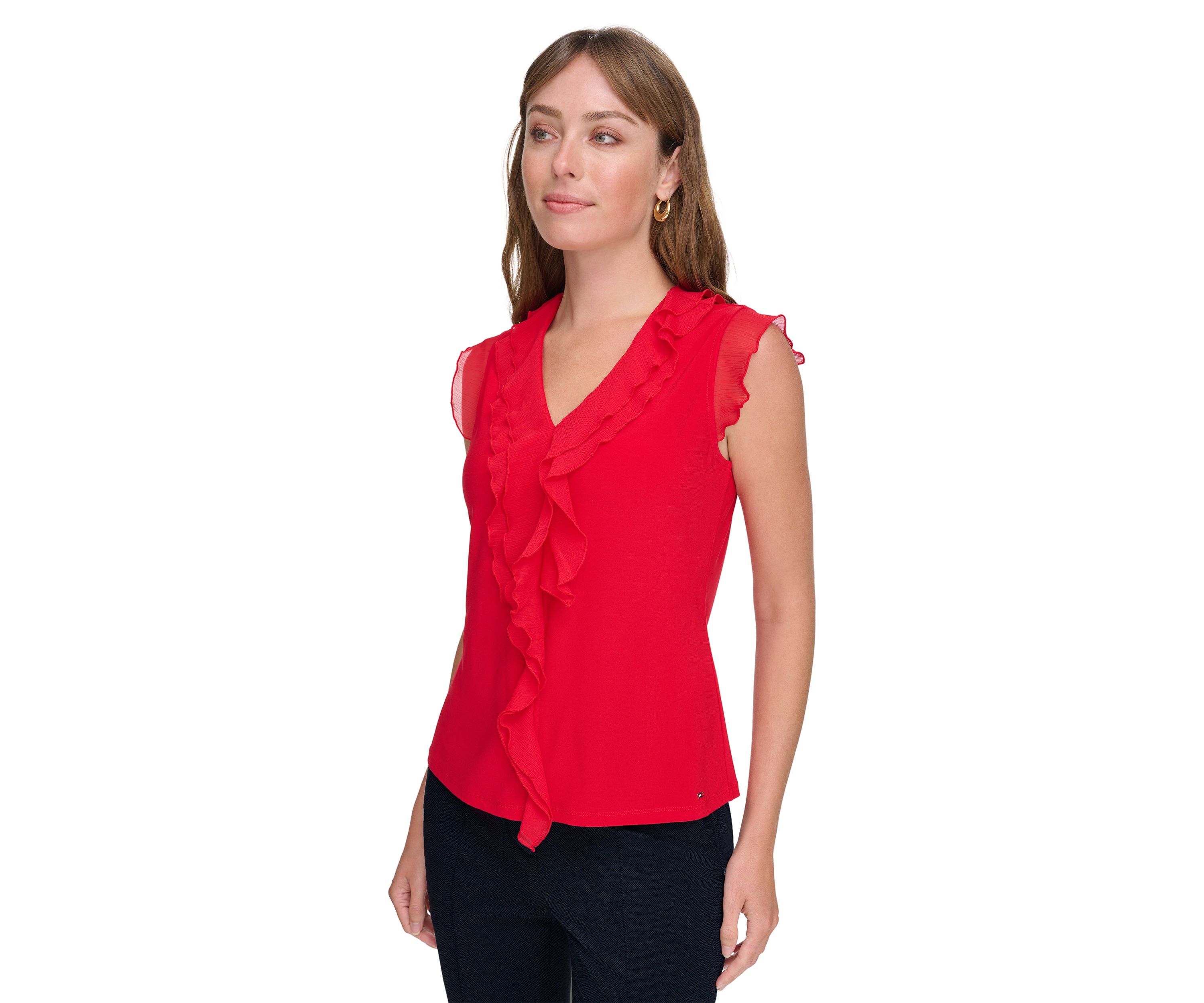 Womens Flutter Sleeve Mixed Media Ruffle Top