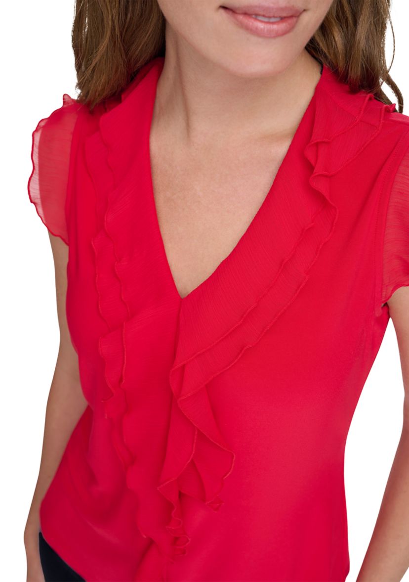 Womens Flutter Sleeve Mixed Media Ruffle Top