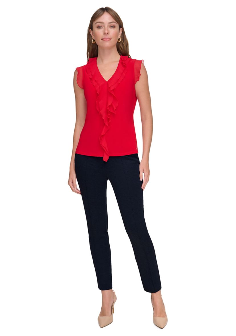 Womens Flutter Sleeve Mixed Media Ruffle Top