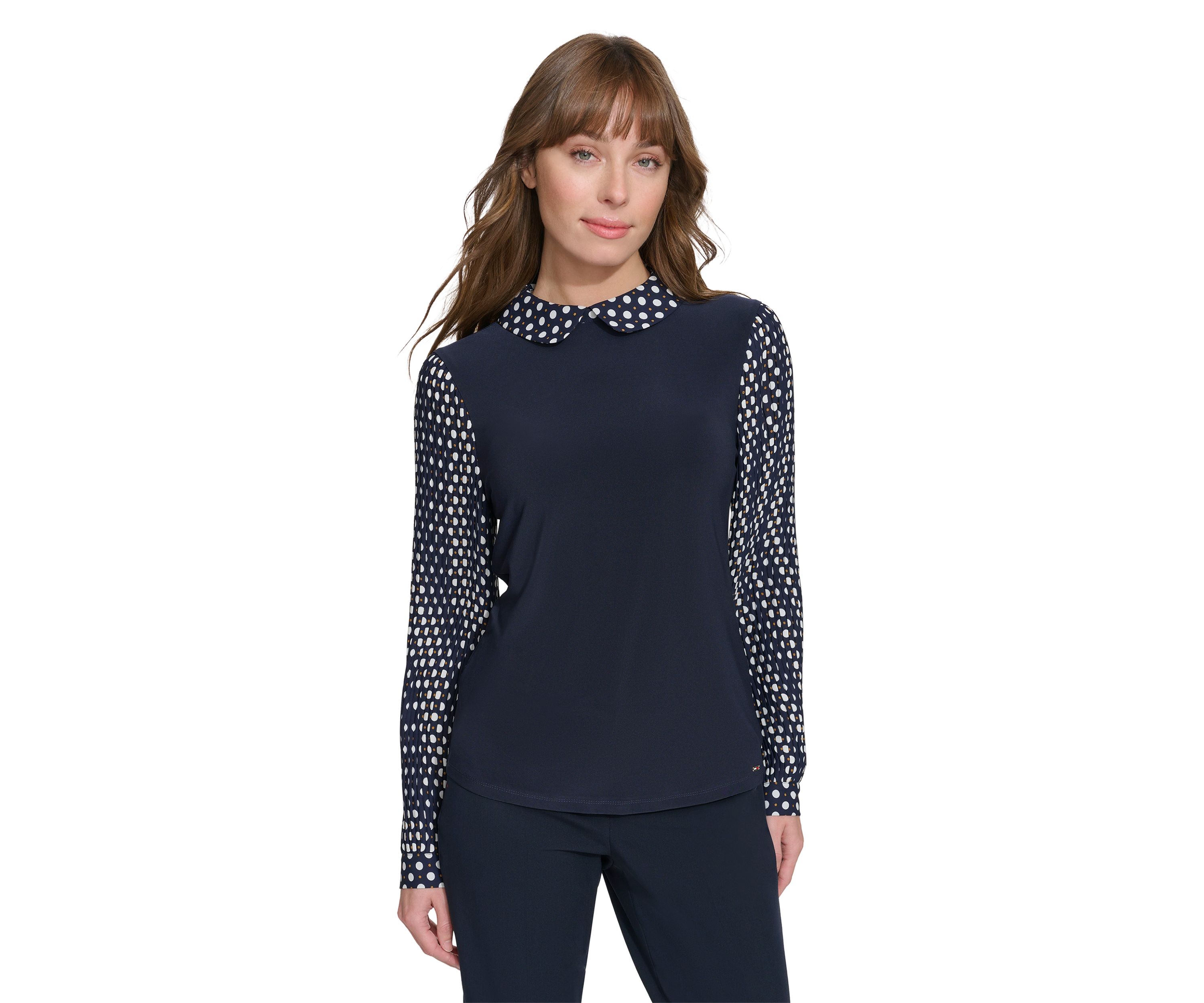 Womens Long Sleeve Mixed Media Collared Blouse