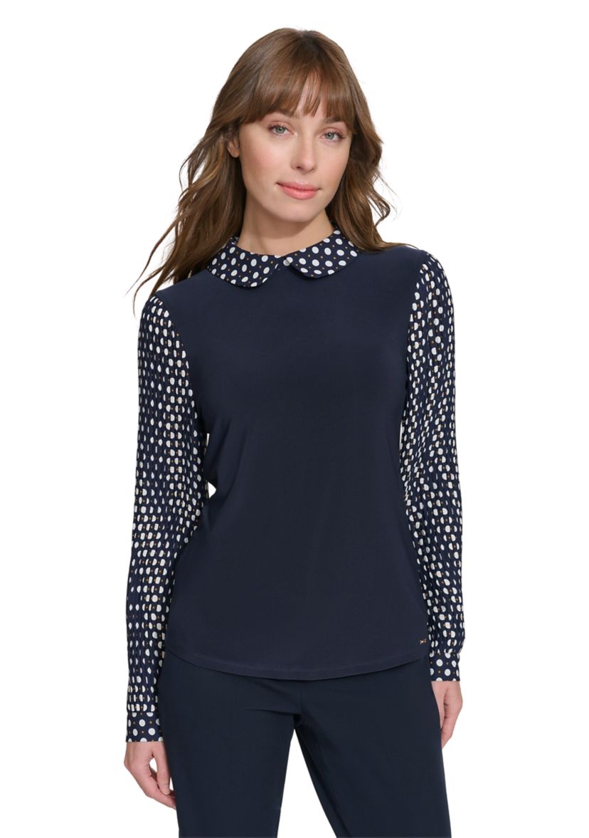 Womens Long Sleeve Mixed Media Collared Blouse
